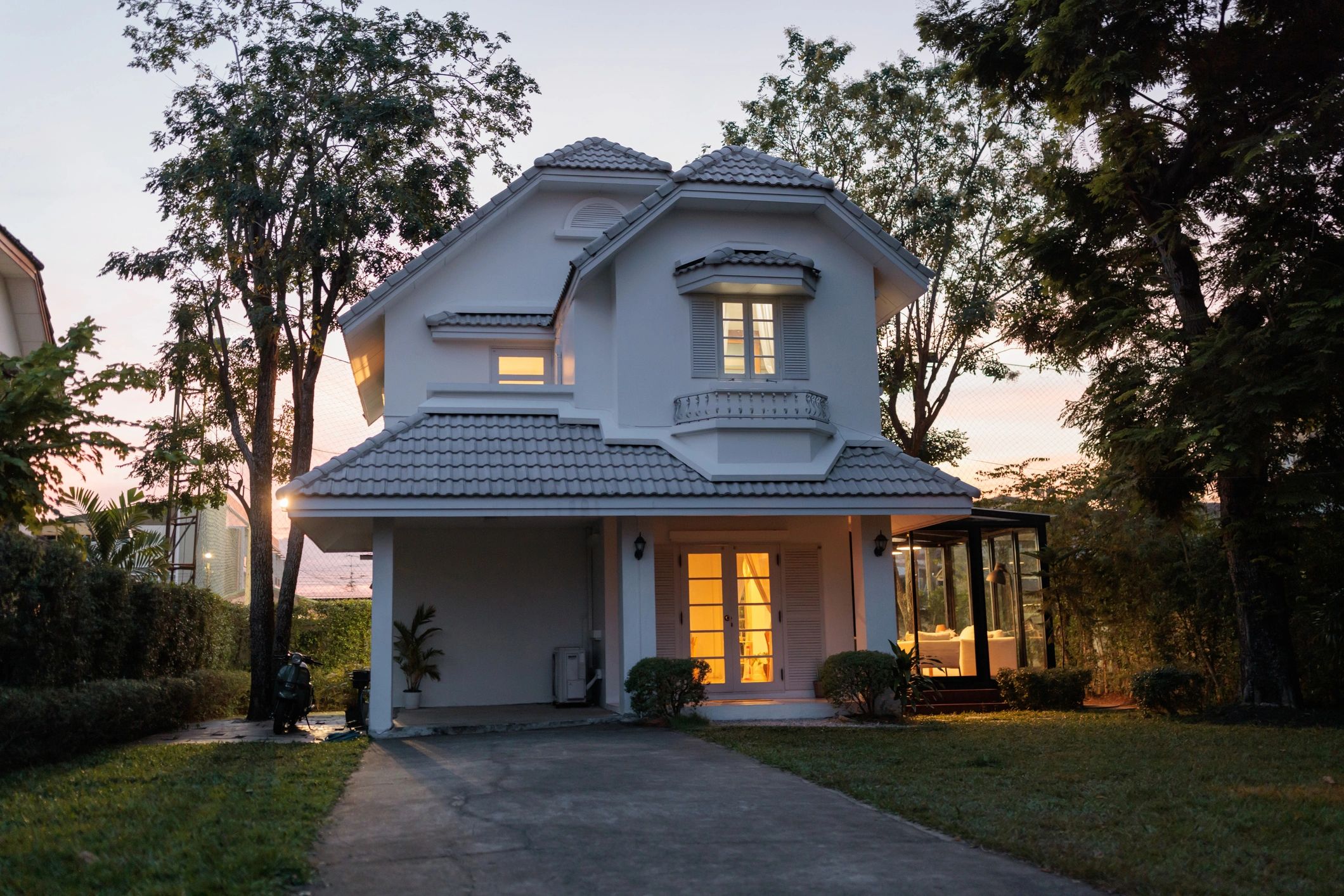 Charming residential house exterior at dusk